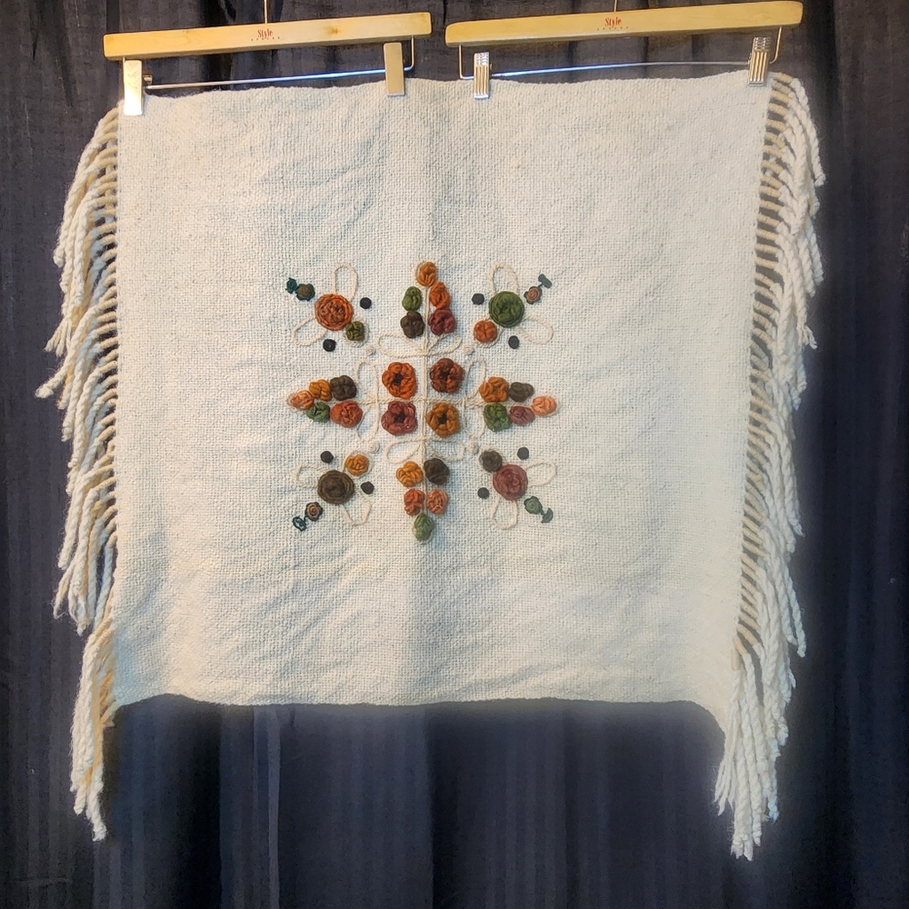 Beautiful 70's Boho Woven Woll Floral Design Embroidered Home Decor Accent